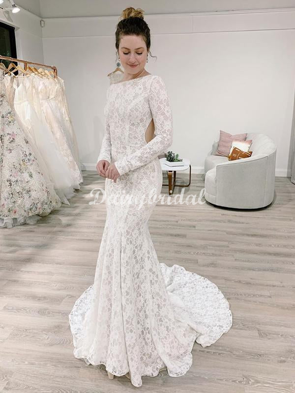 Stunning Mermaid Lace Long Sleeves Wedding Dress with a Detachable Train, FC4945 Stunning Mermaid Lace Long Sleeves Wedding Dress with a Detachable Train, FC4945