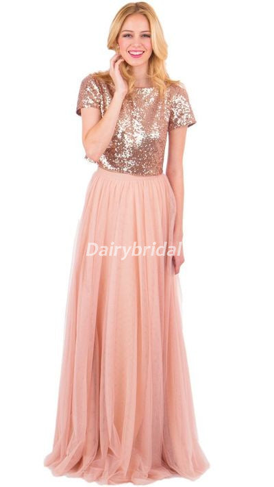 Two Pieces Sequin Top Bridesmaid Dress, Tulle Floor-Length Bridesmaid Dress, D494