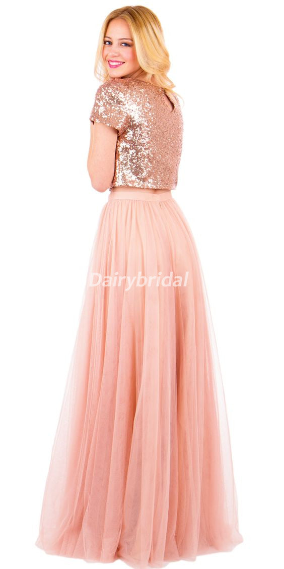 Two Pieces Sequin Top Bridesmaid Dress, Tulle Floor-Length Bridesmaid Dairy Bridal Two Pieces Sequin Top Bridesmaid Dress, Tulle Floor-Length Bridesmaid Dairy Bridal