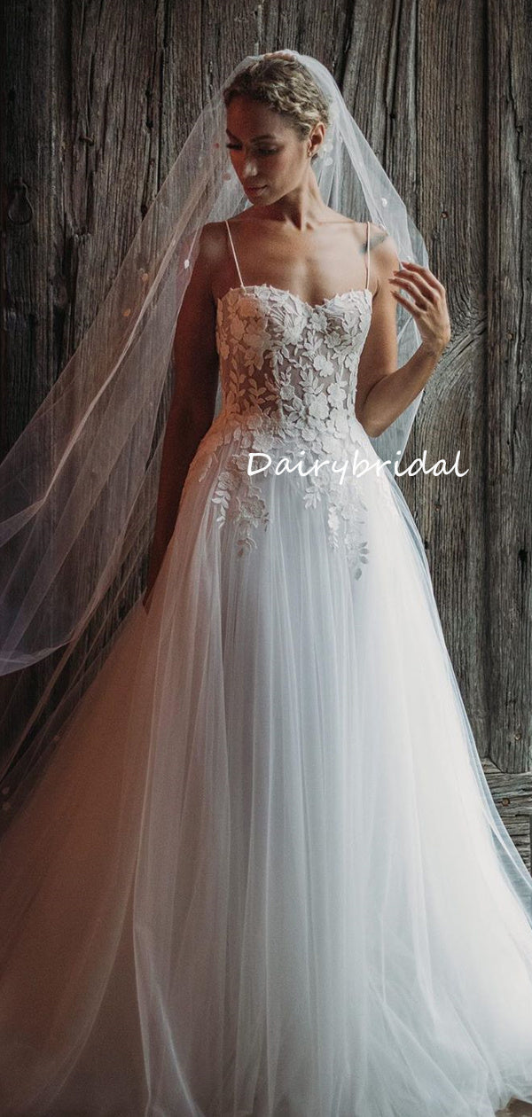 Spaghetti Straps A-line Lace Backless Tulle Fashion Long Wedding Dress Dairy Bridal Spaghetti Straps A-line Lace Backless Tulle Fashion Long Wedding Dress Dairy Bridal