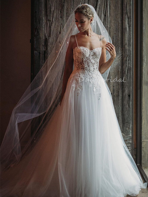 Spaghetti Straps A-line Lace Backless Tulle Fashion Long Wedding Dress Dairy Bridal Spaghetti Straps A-line Lace Backless Tulle Fashion Long Wedding Dress Dairy Bridal