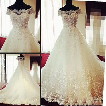 Gorgeous Off Shoulder Sweetheart Zip Up Long A-line Lace Wedding Dresses, WD0148