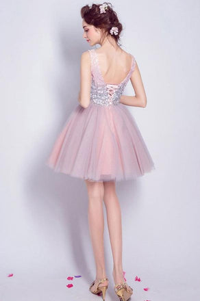 Short Homecoming Dress, Tulle Homecoming Dress, Sleeveless Homecoming Dress, Sequin Junior School Dress, V-Neck Graduation Dress, Backless Homecoming Dress, LB0505
