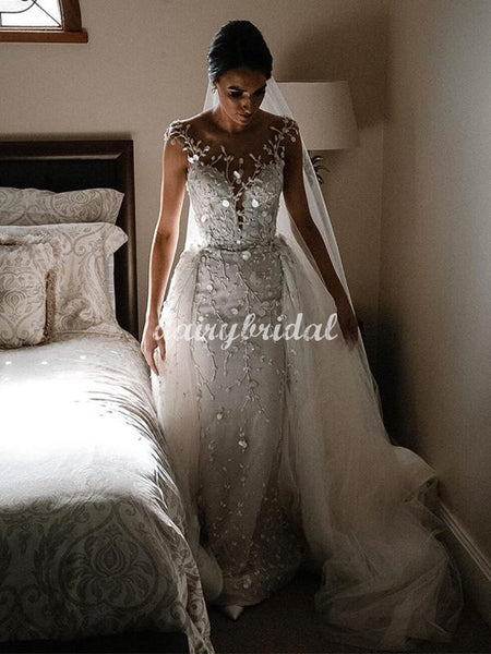 Cap Sleeves Wedding Dress Lace Mermaid Shimmer Bridal Gown Lb2362