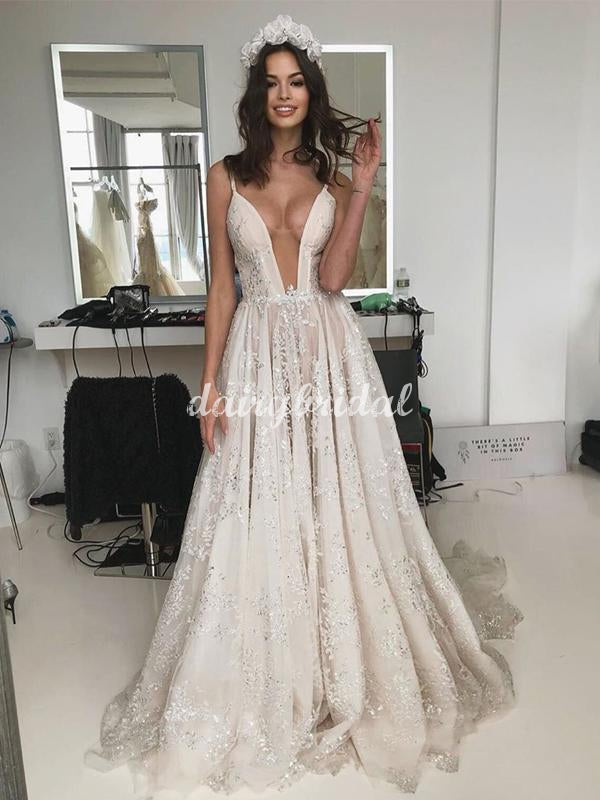 Charming A-line Lace Spaghetti Straps Tulle Wedding Dress, FC5092 Dairy Bridal Charming A-line Lace Spaghetti Straps Tulle Wedding Dress, FC5092 Dairy Bridal