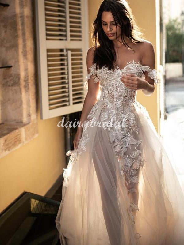 Fashion Tulle A-line Off Shoulder Backless Lace Wedding Dress, FC5093 Dairy Bridal Fashion Tulle A-line Off Shoulder Backless Lace Wedding Dress, FC5093 Dairy Bridal