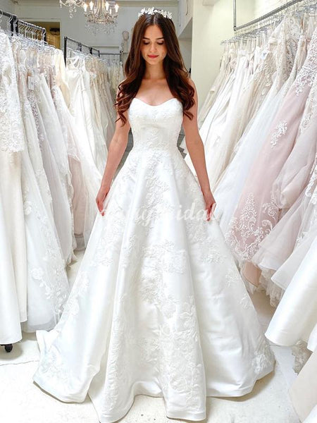 Honest A-line Satin Sweetheart Backless Lace Applique Wedding Dress, F Dairy Bridal Honest A-line Satin Sweetheart Backless Lace Applique Wedding Dress, F Dairy Bridal