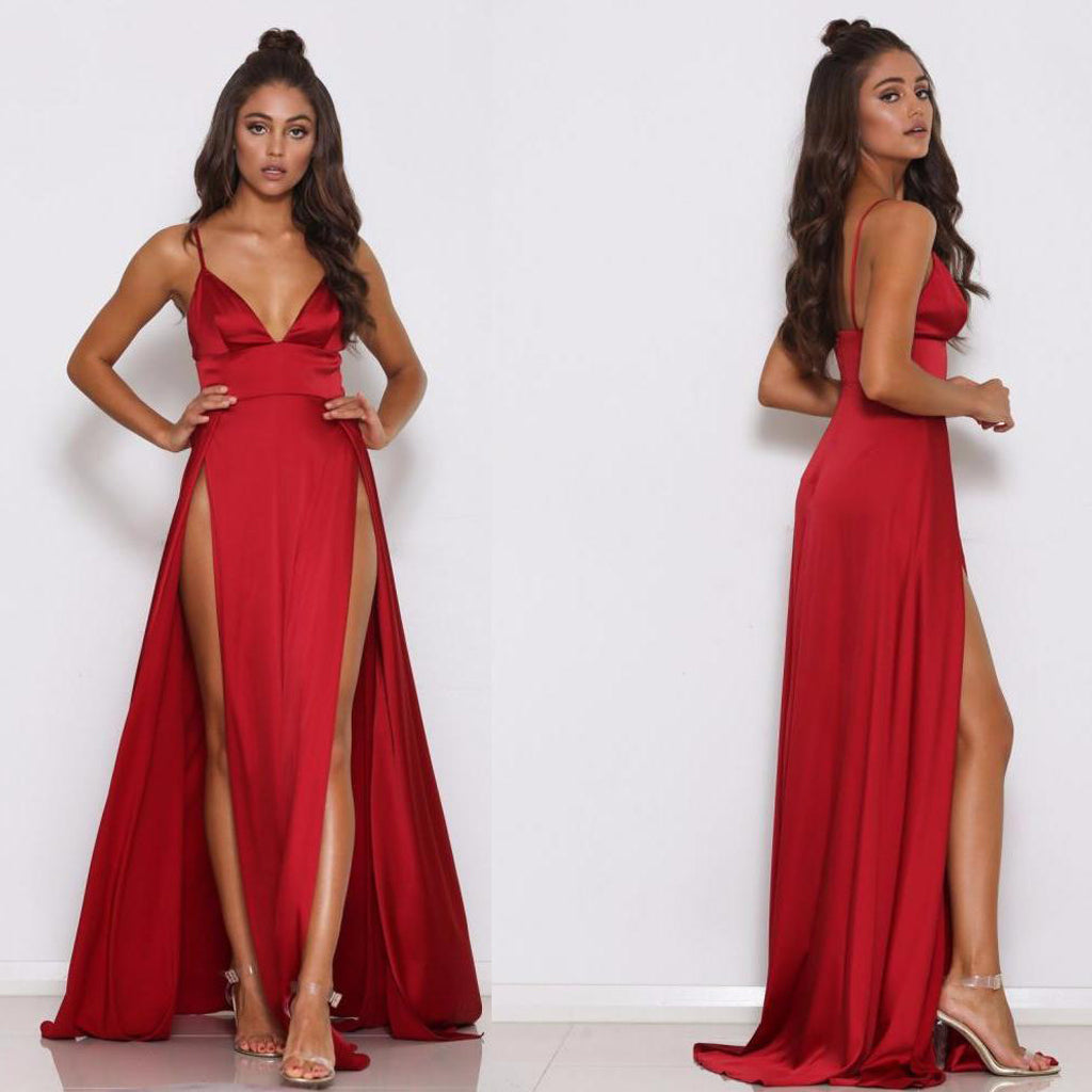 Spaghetti Starps Red Slit Prom Dress, Sexy V-Neck Backless A-Line Soft Satin Prom Dress, D516