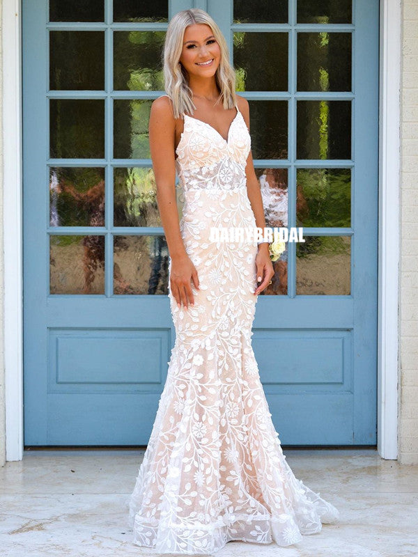 Stunning Mermaid Spaghetti Straps Lace Prom Dress, FC5287