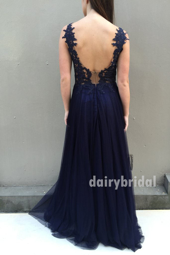 V-Neck Sleeveless Tulle Prom Dress, Backless Lace A-Line Prom Dress, D531