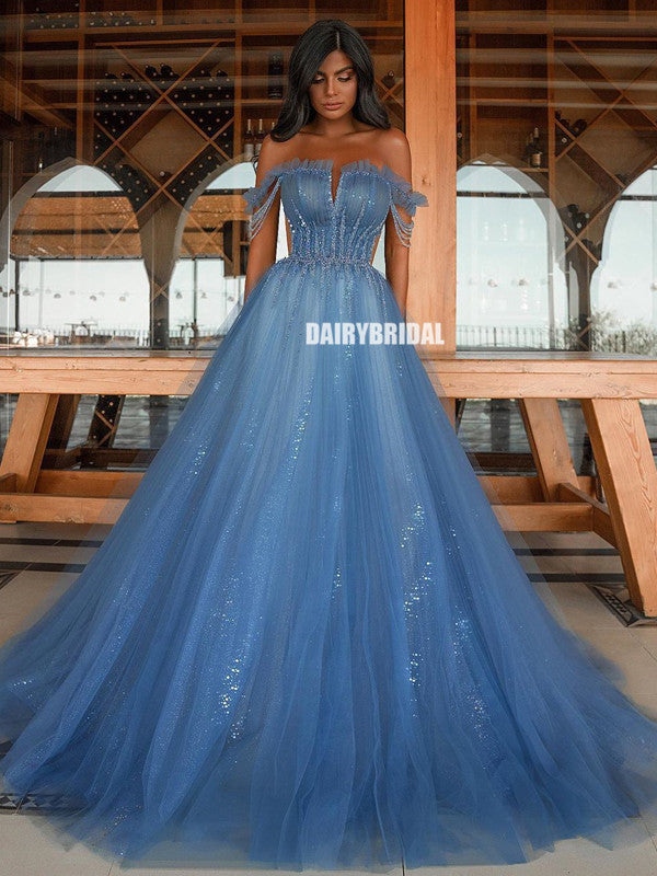Off Shoulder A-line Tulle Long Sequin Prom Dress, FC5324 Dairy Bridal Off Shoulder A-line Tulle Long Sequin Prom Dress, FC5324 Dairy Bridal
