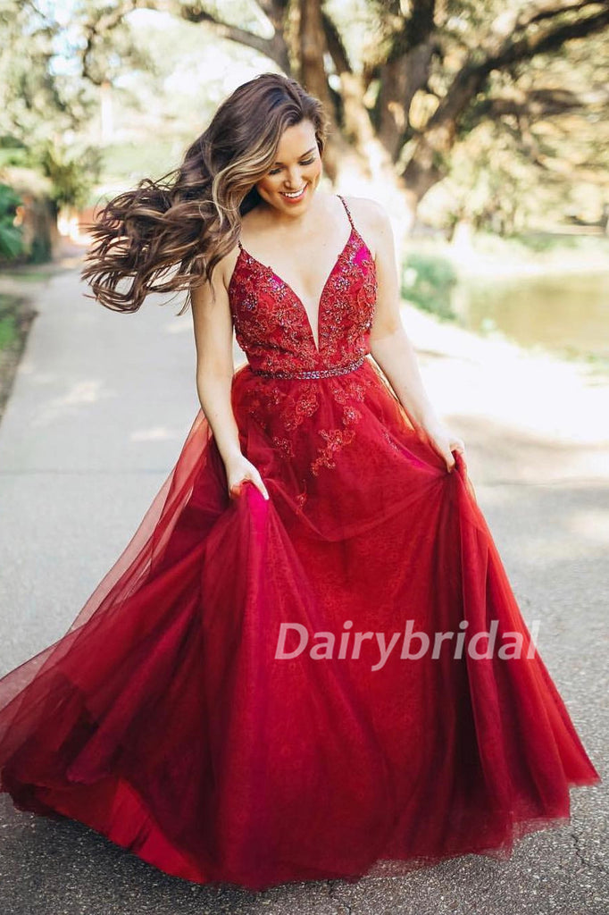 Red Deep V-Neck Lace Prom Dress, Tulle A-Line Applique Prom Dress, D533