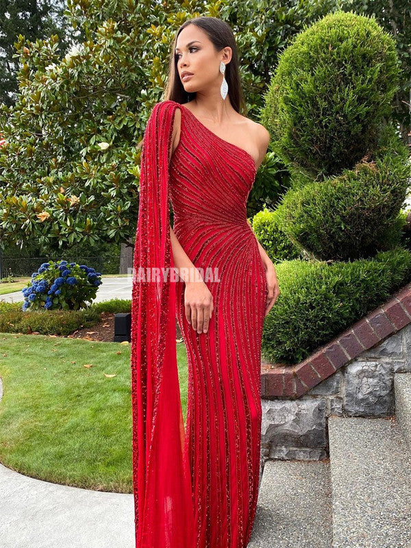 Red One-shoulder Mermaid Beaded Long Tulle Prom Dresses, FC5366