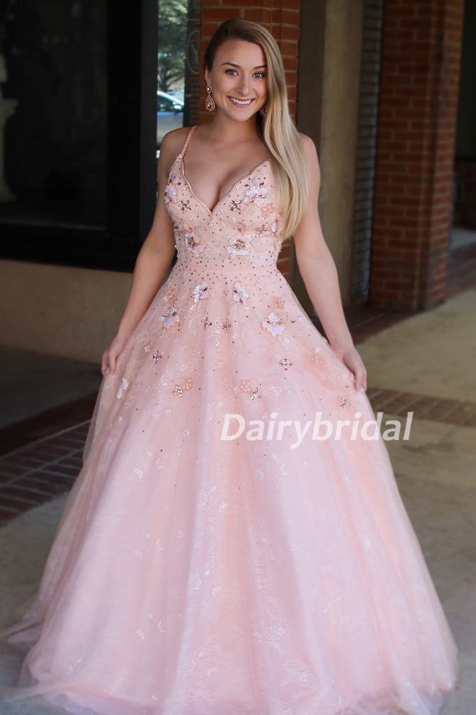 Pink A-Line Lace Spaghetti Straps Beaded Charming Applique Backless Prom Dress, D537