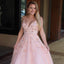 Pink A-Line Lace Spaghetti Straps Beaded Charming Applique Backless Prom Dress, D537