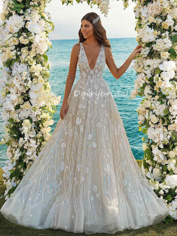 V-neck Long A-line Sparkle Wedding Dresses V-neck Long A-line Sparkle Wedding Dresses