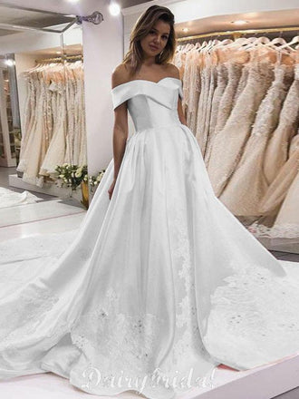 Off Shoulder Charming Lace Backless A-line Satin Wedding Dresses, FC3771