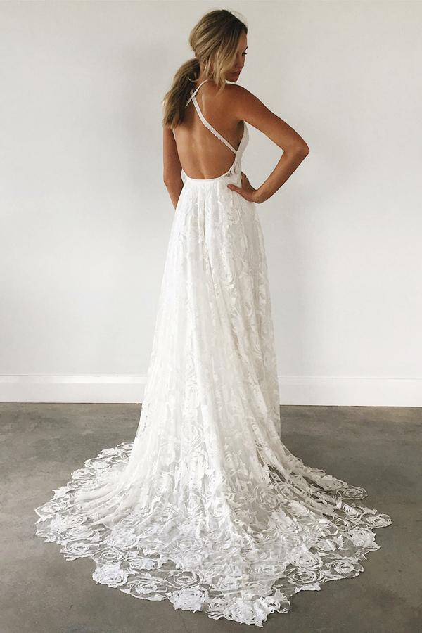 Lace V-Neck Backless Criss-Cross Beach Wedding Dress, LB0571