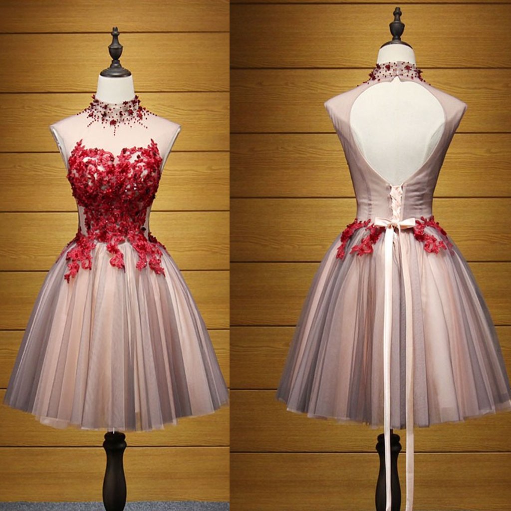 Short Homecoming Dress, Tulle Homecoming Dress, High Neck Homecoming Dress, Applique Junior School Dress, Beading Graduation Dress, Knee-Length ... Short Homecoming Dress, Tulle Homecoming Dress, High Neck Homecoming Dress, Applique Junior School Dress, Beading Graduation Dress, Knee-Length ...
