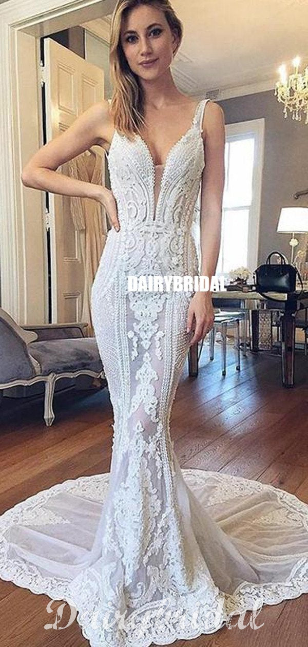 Lace See Through Backless Wedding Dress, V-Neck Sexy Wedding Dress, LB Dairy Bridal Lace See Through Backless Wedding Dress, V-Neck Sexy Wedding Dress, LB Dairy Bridal