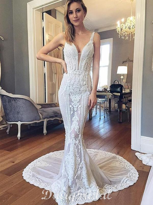 Lace See Through Backless Wedding Dress, V-Neck Sexy Wedding Dress, LB Dairy Bridal Lace See Through Backless Wedding Dress, V-Neck Sexy Wedding Dress, LB Dairy Bridal