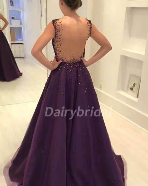 Sparkle Beaded A-Line Prom Dress, Charming Purple Tulle Prom Dress, D577