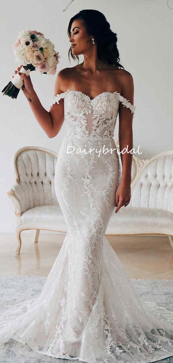 Bride Lace Off Off Shoulder Ivory Lace High Slit Backless Chiffon