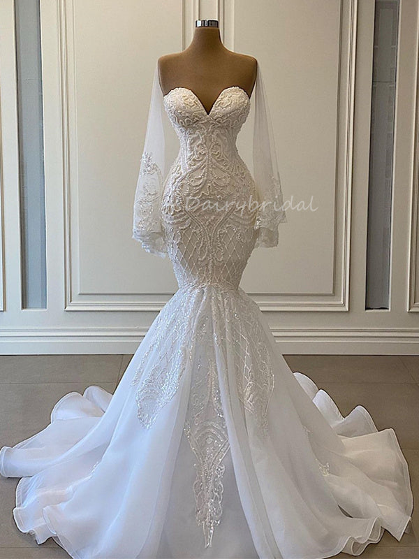 Luxury Mermaid Lace Sweetheart Long Sleeves Wedding Dresses, FC5799 Luxury Mermaid Lace Sweetheart Long Sleeves Wedding Dresses, FC5799