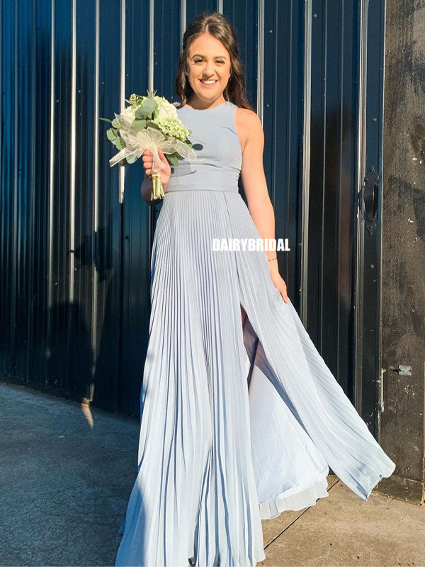 Honest A-line Chiffon Sleeveless Long Simple Slit Bridesmaid Dress, FC5800