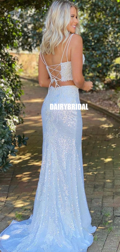 Two Pieces Mermaid V-neck Sexy Backless Slit Prom Dresses, FC5810