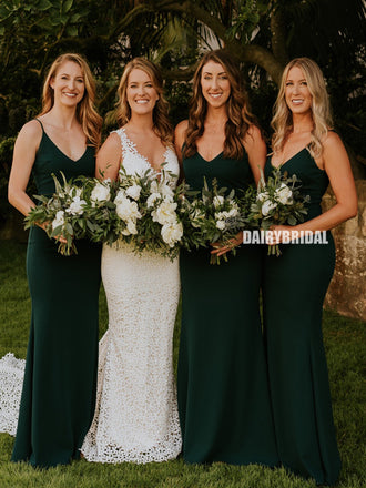 Sexy Soft Satin Side Slit Spaghetti Straps V-neck Long Mermaid Bridesmaid  Dresses