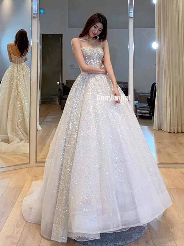 Elegant A-line Spaghetti Straps Backless Sparkle Wedding Dresses, FC5831 Elegant A-line Spaghetti Straps Backless Sparkle Wedding Dresses, FC5831