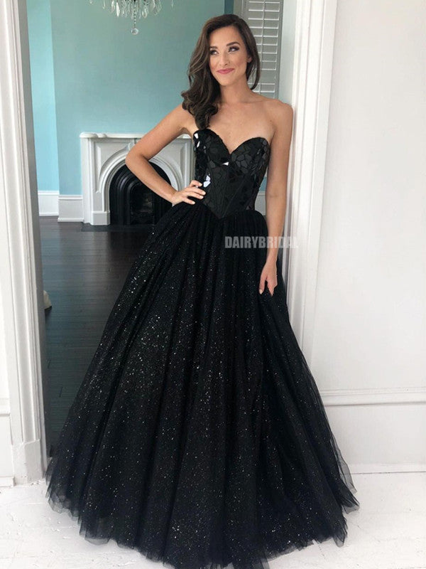 Stunning Black A-line Sweetheart Tulle Floor-length Sequin Prom Dresses, FC5853