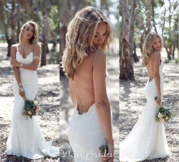 Lace See Through Backless Wedding Dress, V-Neck Sexy Wedding Dress