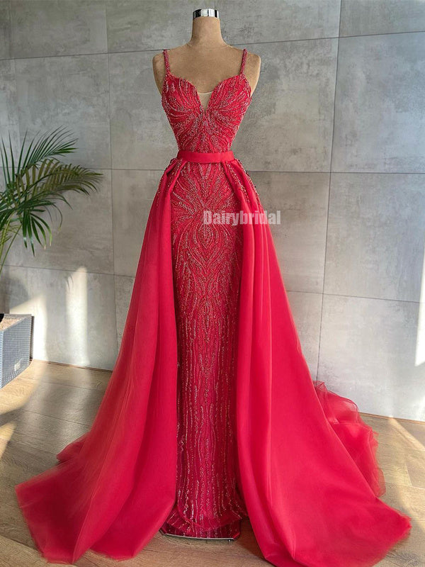 Spaghetti Straps Charming Organza Mermaid Beaded Prom Dresses, FC6142
