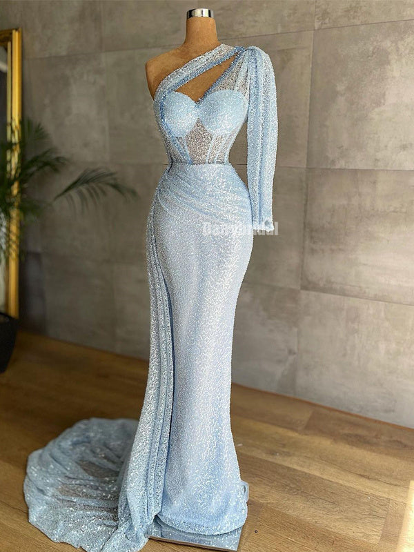 One-Shoulder Mermaid Sequin Half-Sleeve Prom Dresses, FC6144