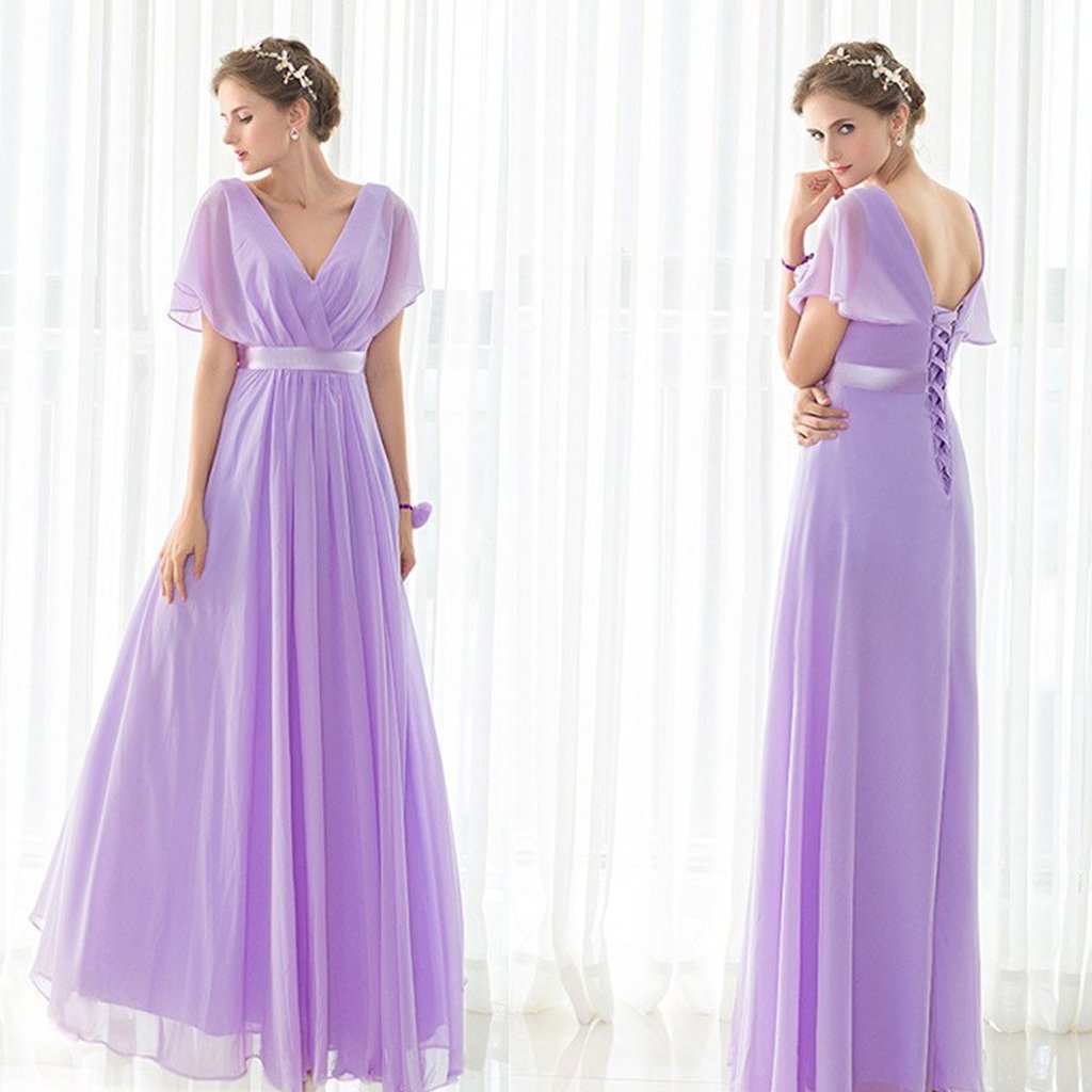 Long Bridesmaid Dress, Chiffon Bridesmaid Dress, V-Neck Bridesmaid Dress, Purple Bridesmaid Dress, Simple Design Bridesmaid Dress, Floor-Length Bridesmaid Dress, LB0622
