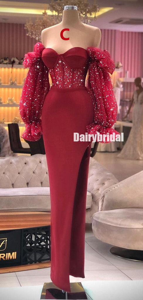 Different Colors Sweetheart Long Sleeves Mermaid Sexy Slit Prom Dresses, FC6232