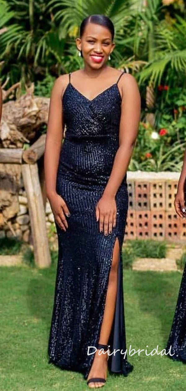 Spaghetti Straps Black Sequin V-neck Mermaid Slit Bridesmaid Dress, FC Dairy Bridal Spaghetti Straps Black Sequin V-neck Mermaid Slit Bridesmaid Dress, FC Dairy Bridal