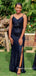Spaghetti Straps Black Sequin V-neck Mermaid Slit Bridesmaid Dress, FC6292