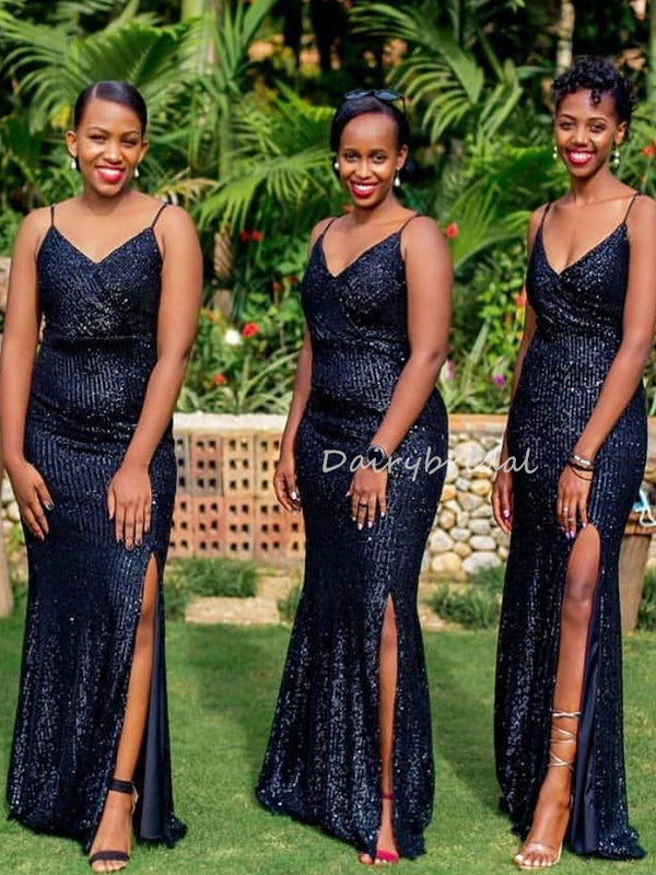 Spaghetti Straps Black Sequin V-neck Mermaid Slit Bridesmaid Dress, FC6292 Spaghetti Straps Black Sequin V-neck Mermaid Slit Bridesmaid Dress, FC6292
