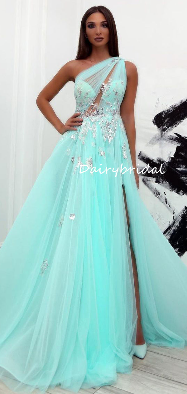 Charming A-line Tulle One-Shoulder Lace Appliques Long Prom Dresses, F Dairy Bridal Charming A-line Tulle One-Shoulder Lace Appliques Long Prom Dresses, F Dairy Bridal