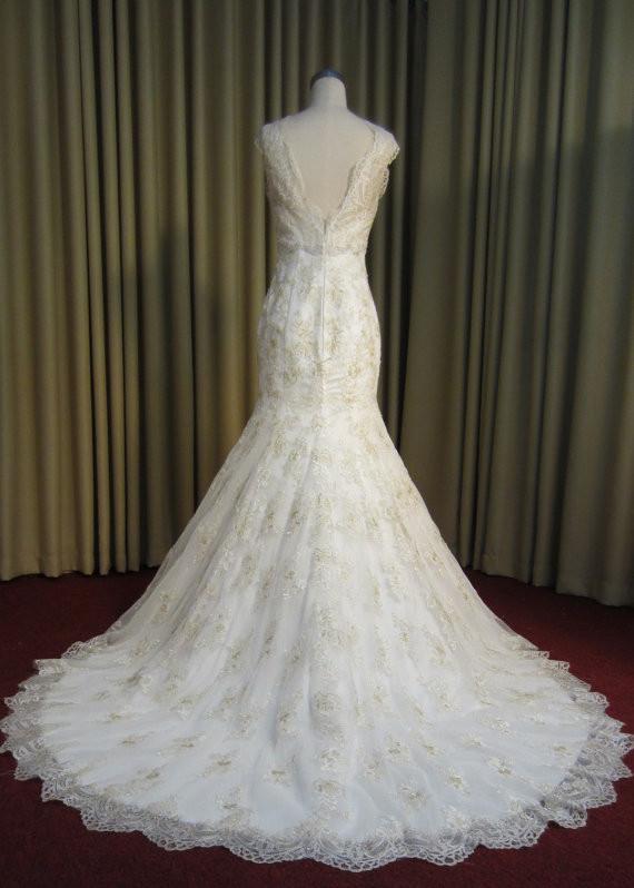 Gold Embroidered Lace Unique V Neck Charming Long Wedding Bridal Gown, WG639