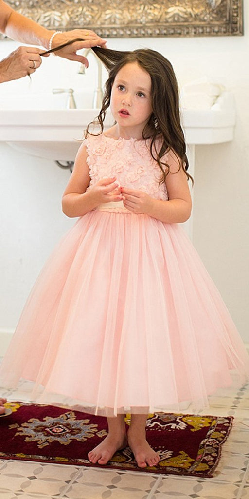 Pink A-Line Tulle Flower Girl Dresses, Popular Applique Little Girl Dresses, FC650
