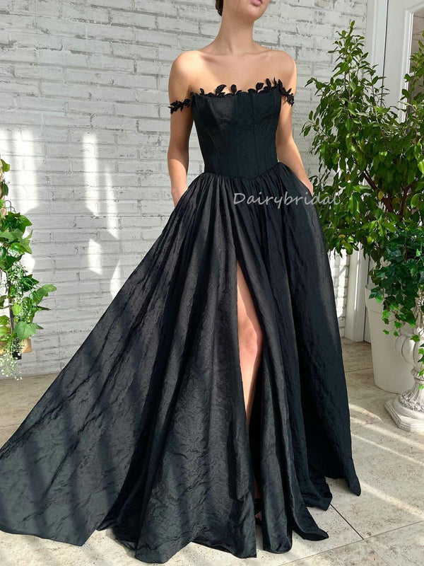 Black Off Shoulder Lace A-line Satin Backless Prom Dresses, FC6519 Dairy Bridal Black Off Shoulder Lace A-line Satin Backless Prom Dresses, FC6519 Dairy Bridal