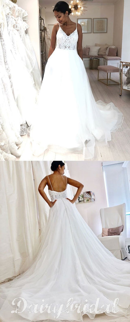 Spaghetti Straps Lace Top Organza Wedding Dresses, Tulle A-Line V-Neck Wedding Dresses, FC676