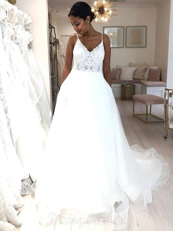 Spaghetti Straps Lace Top Organza Wedding Dresses, Tulle A-Line V-Neck Dairy Bridal Spaghetti Straps Lace Top Organza Wedding Dresses, Tulle A-Line V-Neck Dairy Bridal