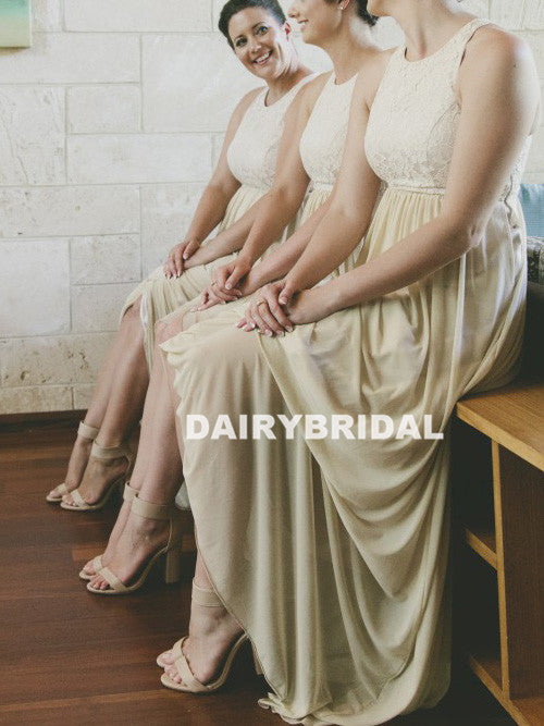 Round Neckline Lace Top Bridesmaid Dress, Chiffon A-Line Sleeveless Bridesmaid Dress, D692
