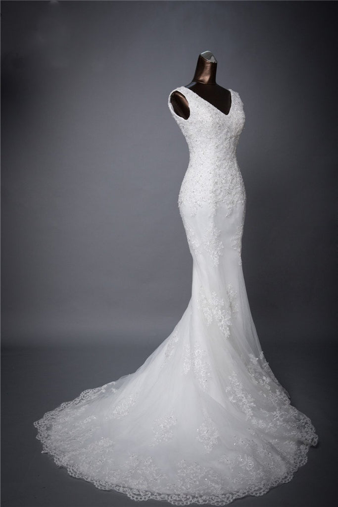 Long Wedding Dress, Lace Wedding Dress, Sleeveless Wedding Dress, Sexy V-Neck Bridal Dress, Sequin Wedding Dress, Applique Wedding Dress, Mermaid Dress, LB0696