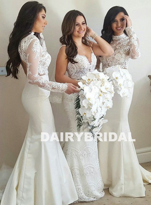 High Neck Lace Top Bridesmaid Dress, Long Sleeve Mermaid Backless Brid Dairy Bridal High Neck Lace Top Bridesmaid Dress, Long Sleeve Mermaid Backless Brid Dairy Bridal